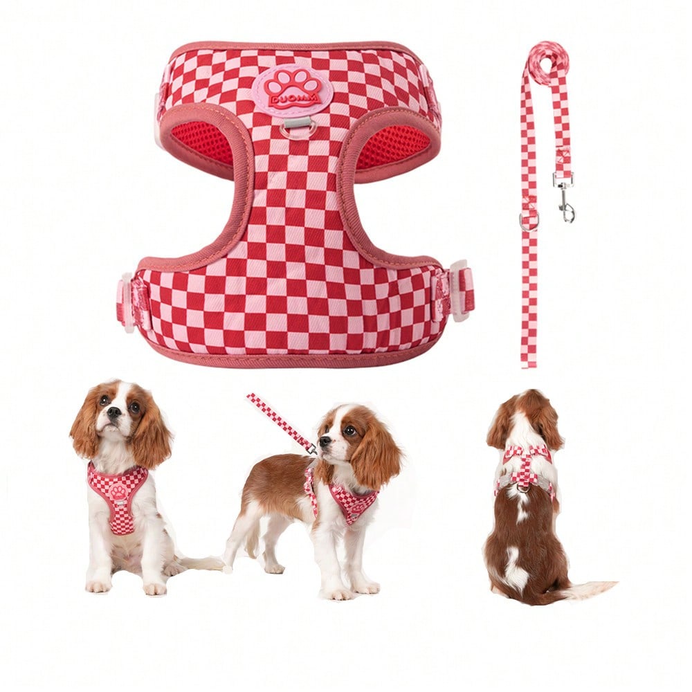 Red plaid polyester pet harness vest with matching leash and paw print decor for small to medium cats and dogs