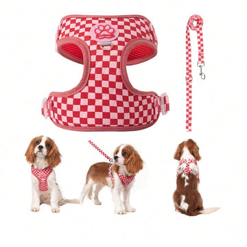 Red plaid polyester pet harness vest with matching leash and paw print decor for small to medium cats and dogs