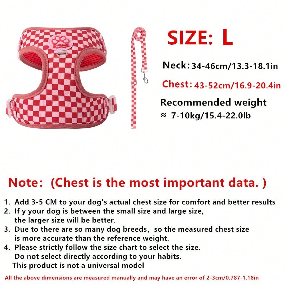 Red plaid polyester pet harness vest with matching leash and paw print decor for small to medium cats and dogs