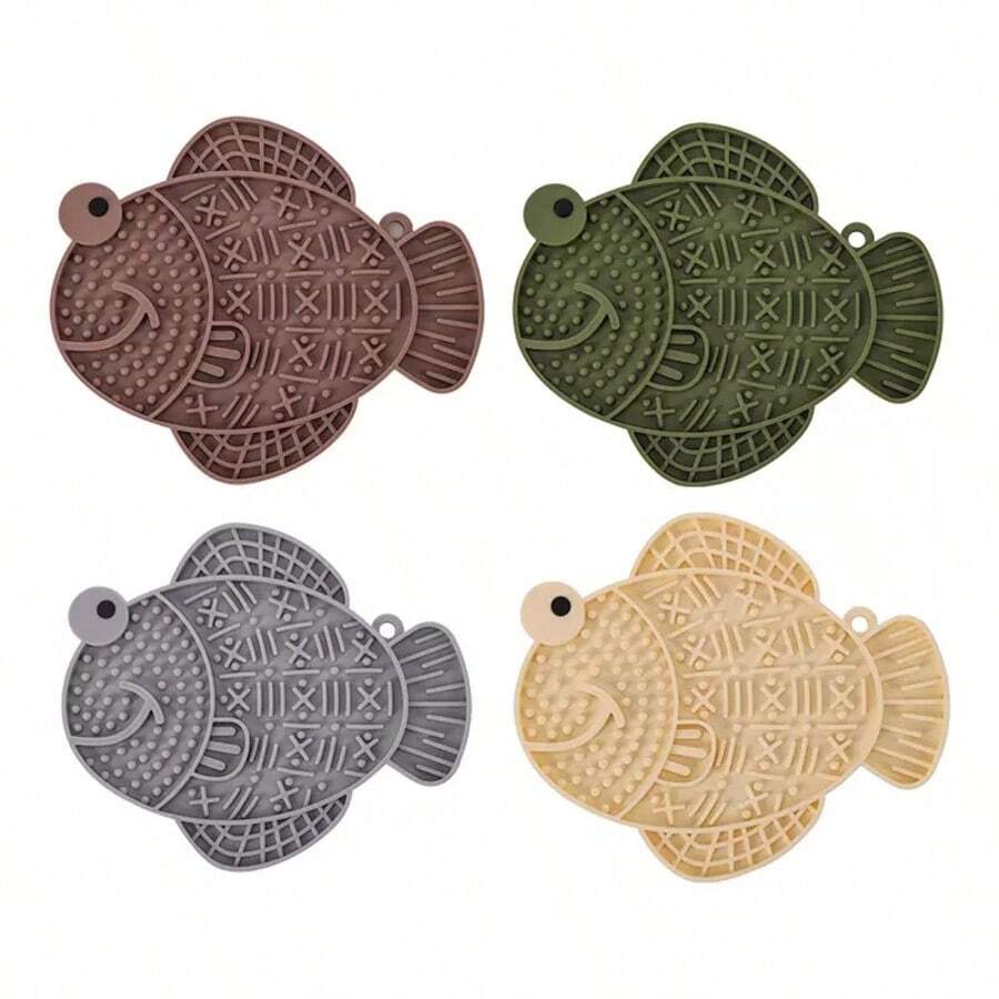 Multicolor silicone slow feeder lick mat with suction cups for dogs and cats featuring fish and frog shape design.