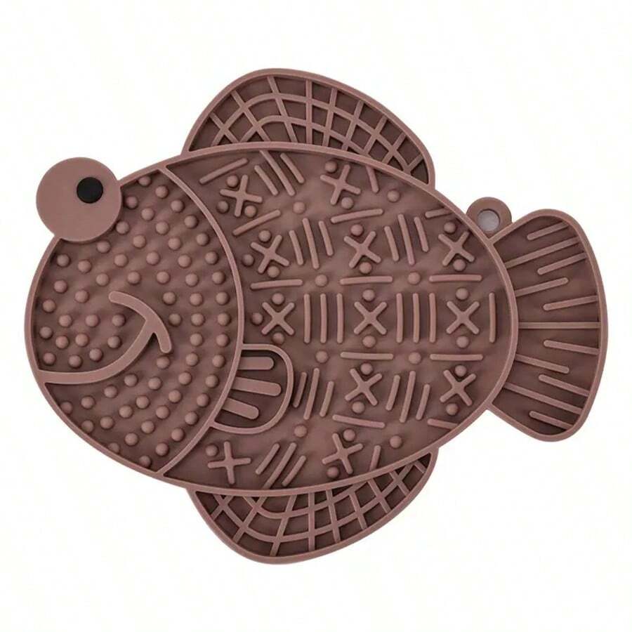 Multicolor silicone slow feeder lick mat with suction cups for dogs and cats featuring fish and frog shape design.