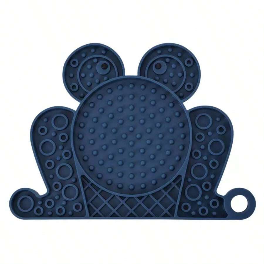 Multicolor silicone slow feeder lick mat with suction cups for dogs and cats featuring fish and frog shape design.