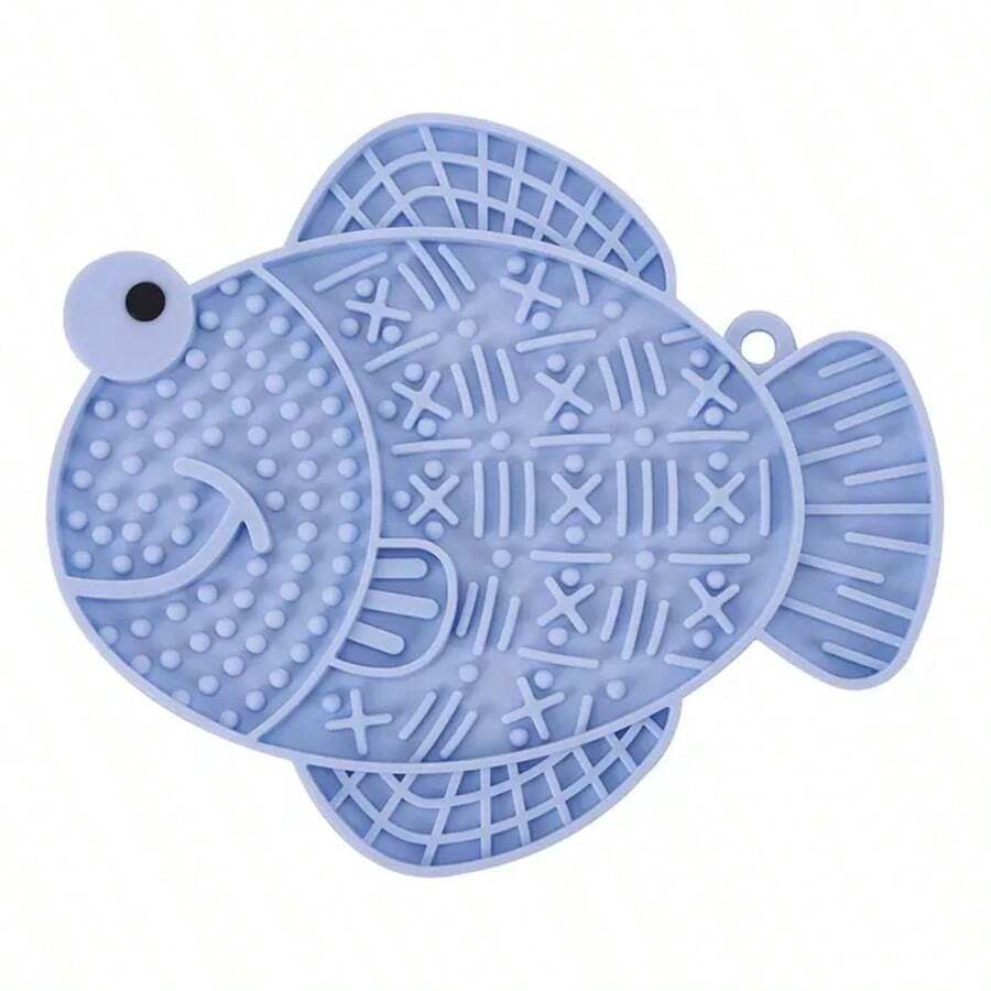 Multicolor silicone slow feeder lick mat with suction cups for dogs and cats featuring fish and frog shape design.