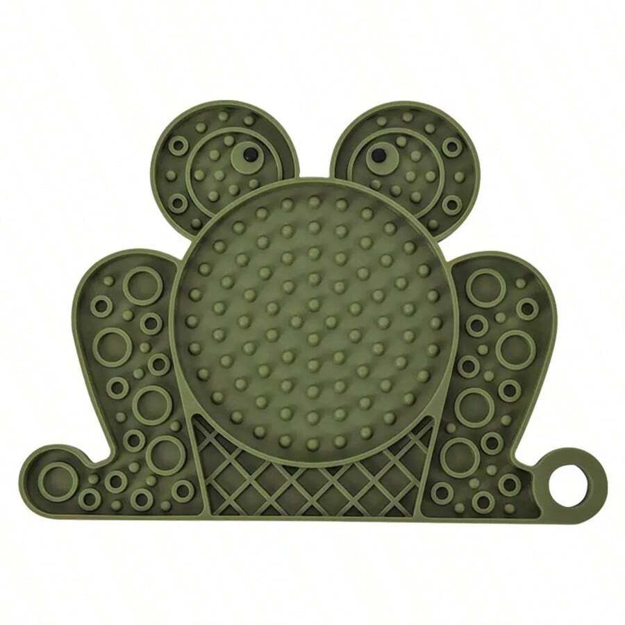 Multicolor silicone slow feeder lick mat with suction cups for dogs and cats featuring fish and frog shape design.