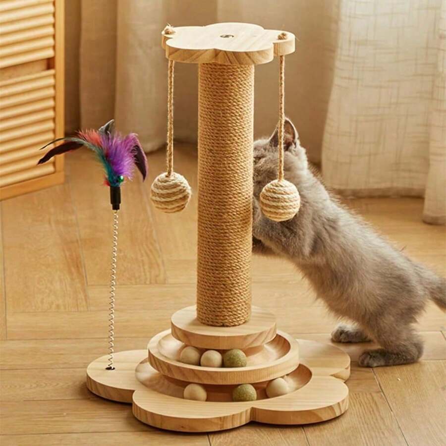 Multicolor wooden cat scratch pole activity center featuring a scratching post, two horizontal ball tracks, an interactive feather toy, and hanging sisal balls.