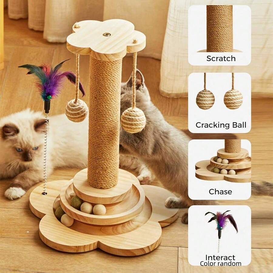 Multicolor wooden cat scratch pole activity center featuring a scratching post, two horizontal ball tracks, an interactive feather toy, and hanging sisal balls.