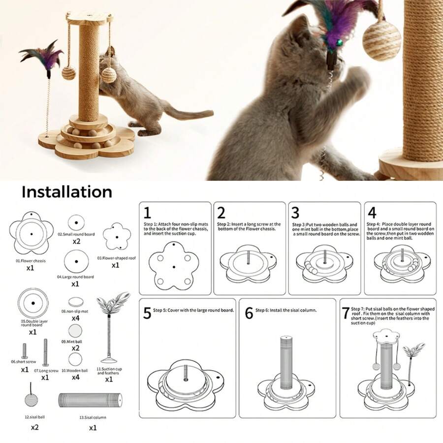 Multicolor wooden cat scratch pole activity center featuring a scratching post, two horizontal ball tracks, an interactive feather toy, and hanging sisal balls.