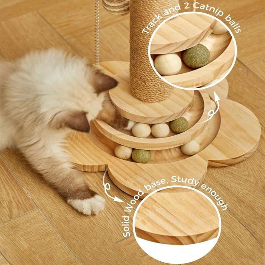 Multicolor wooden cat scratch pole activity center featuring a scratching post, two horizontal ball tracks, an interactive feather toy, and hanging sisal balls.
