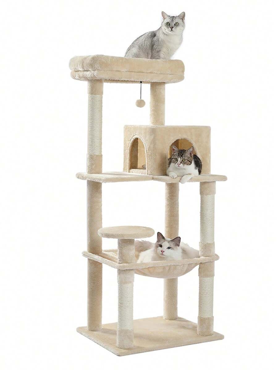 Red 56.3-inch tall multi-level cat tree tower for indoor cats featuring a cozy plush top perch, spacious cat condo, large hanging hammock, and natural sisal scratching posts.