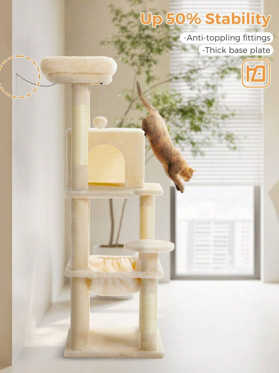 Red 56.3-inch tall multi-level cat tree tower for indoor cats featuring a cozy plush top perch, spacious cat condo, large hanging hammock, and natural sisal scratching posts.