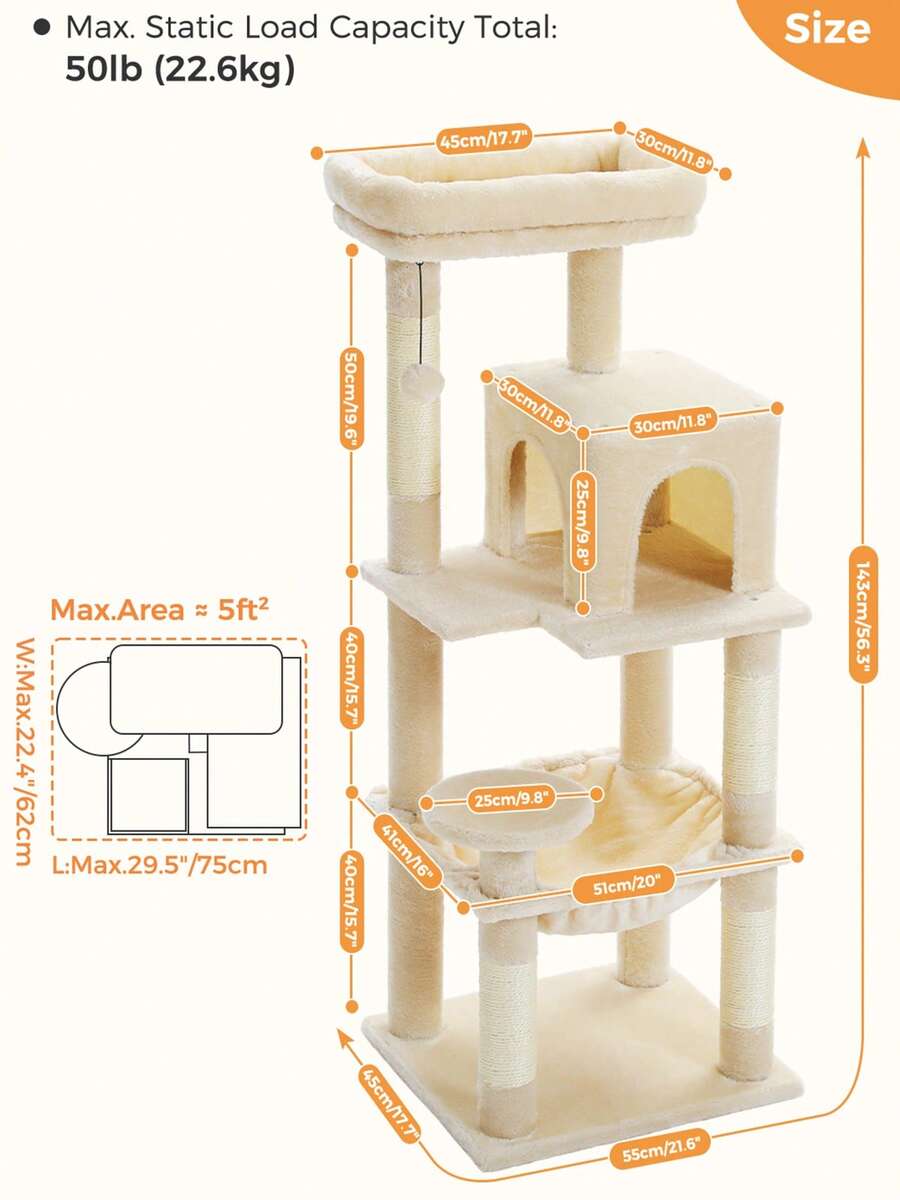 Red 56.3-inch tall multi-level cat tree tower for indoor cats featuring a cozy plush top perch, spacious cat condo, large hanging hammock, and natural sisal scratching posts.
