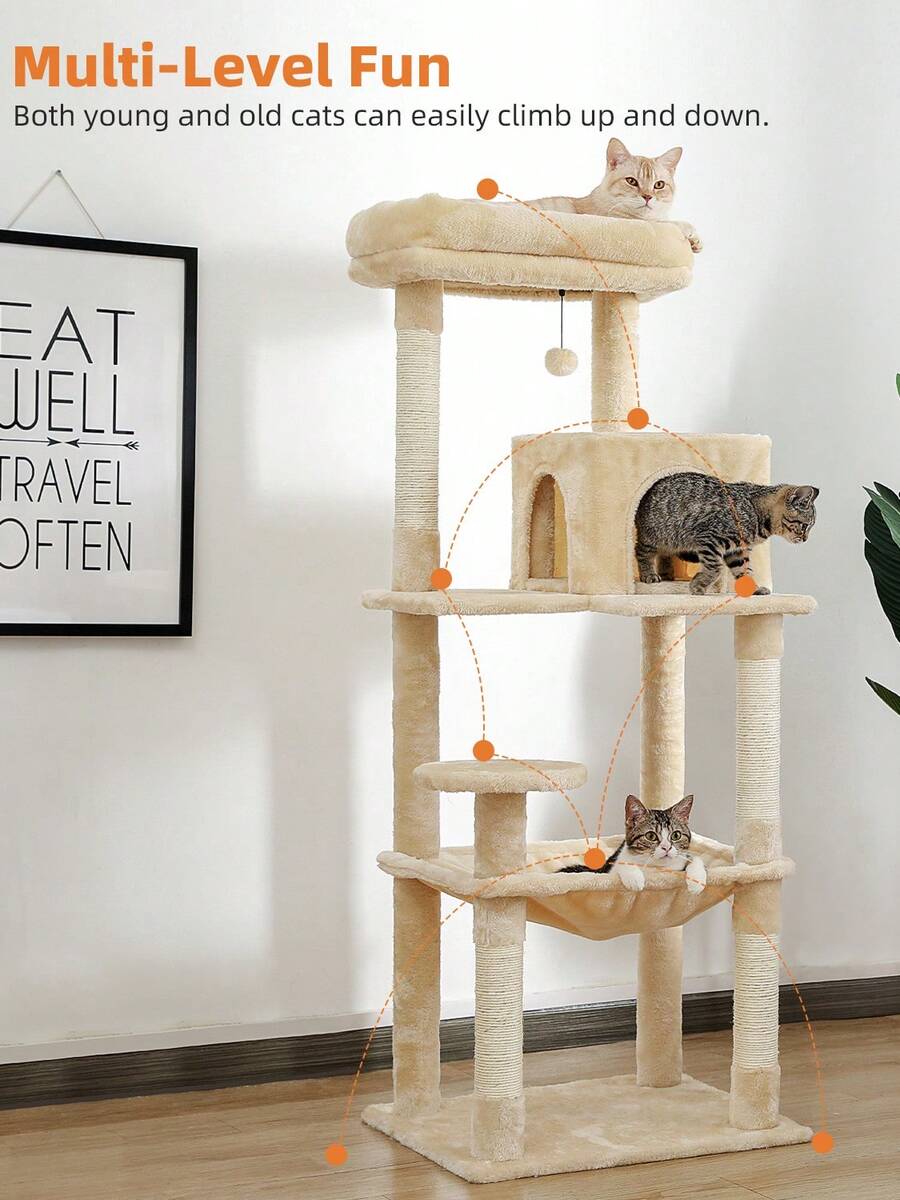 Red 56.3-inch tall multi-level cat tree tower for indoor cats featuring a cozy plush top perch, spacious cat condo, large hanging hammock, and natural sisal scratching posts.