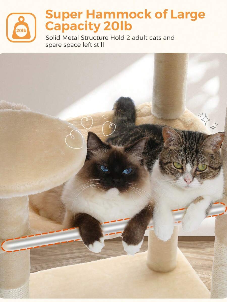 Red 56.3-inch tall multi-level cat tree tower for indoor cats featuring a cozy plush top perch, spacious cat condo, large hanging hammock, and natural sisal scratching posts.