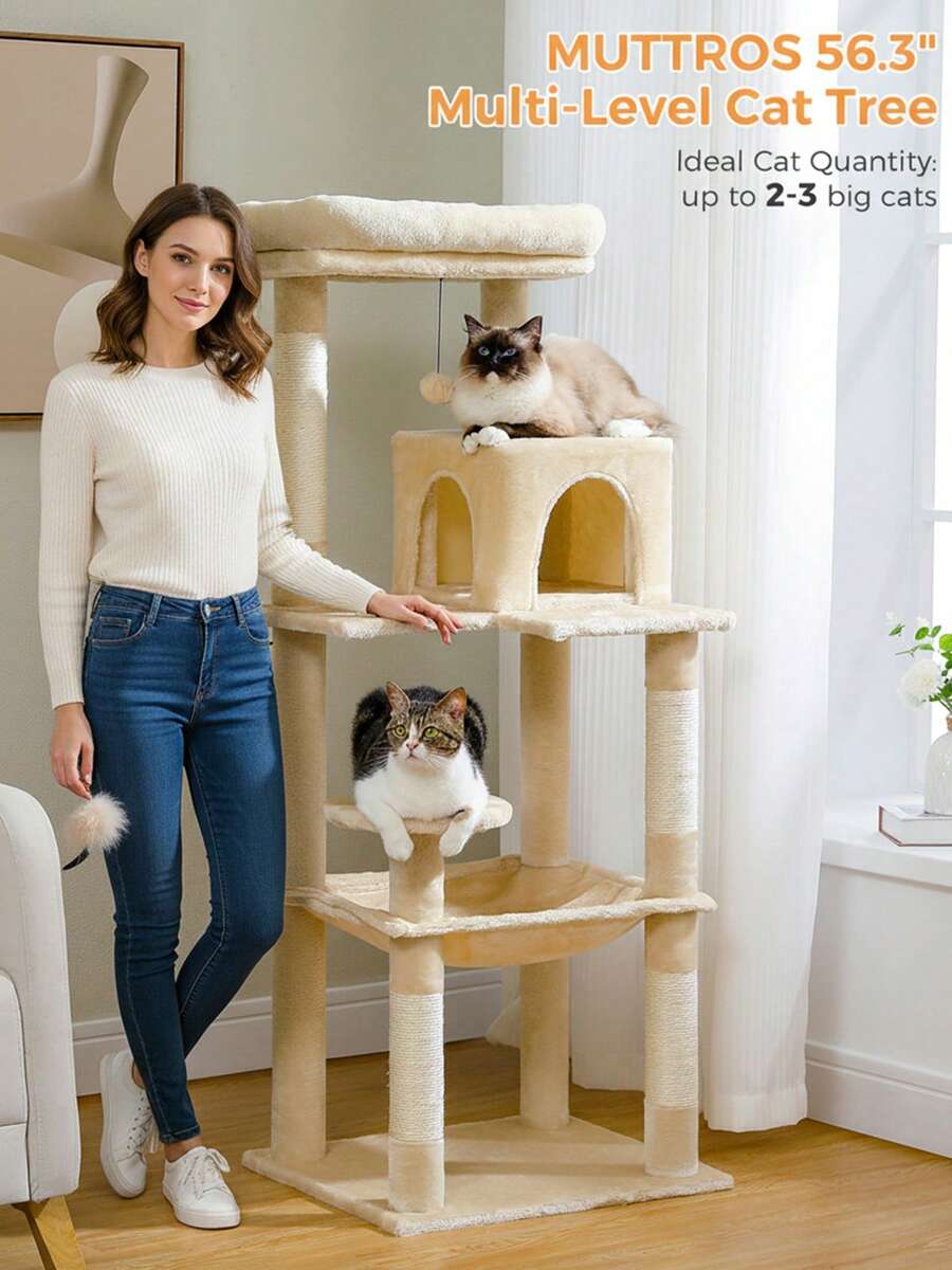 Red 56.3-inch tall multi-level cat tree tower for indoor cats featuring a cozy plush top perch, spacious cat condo, large hanging hammock, and natural sisal scratching posts.