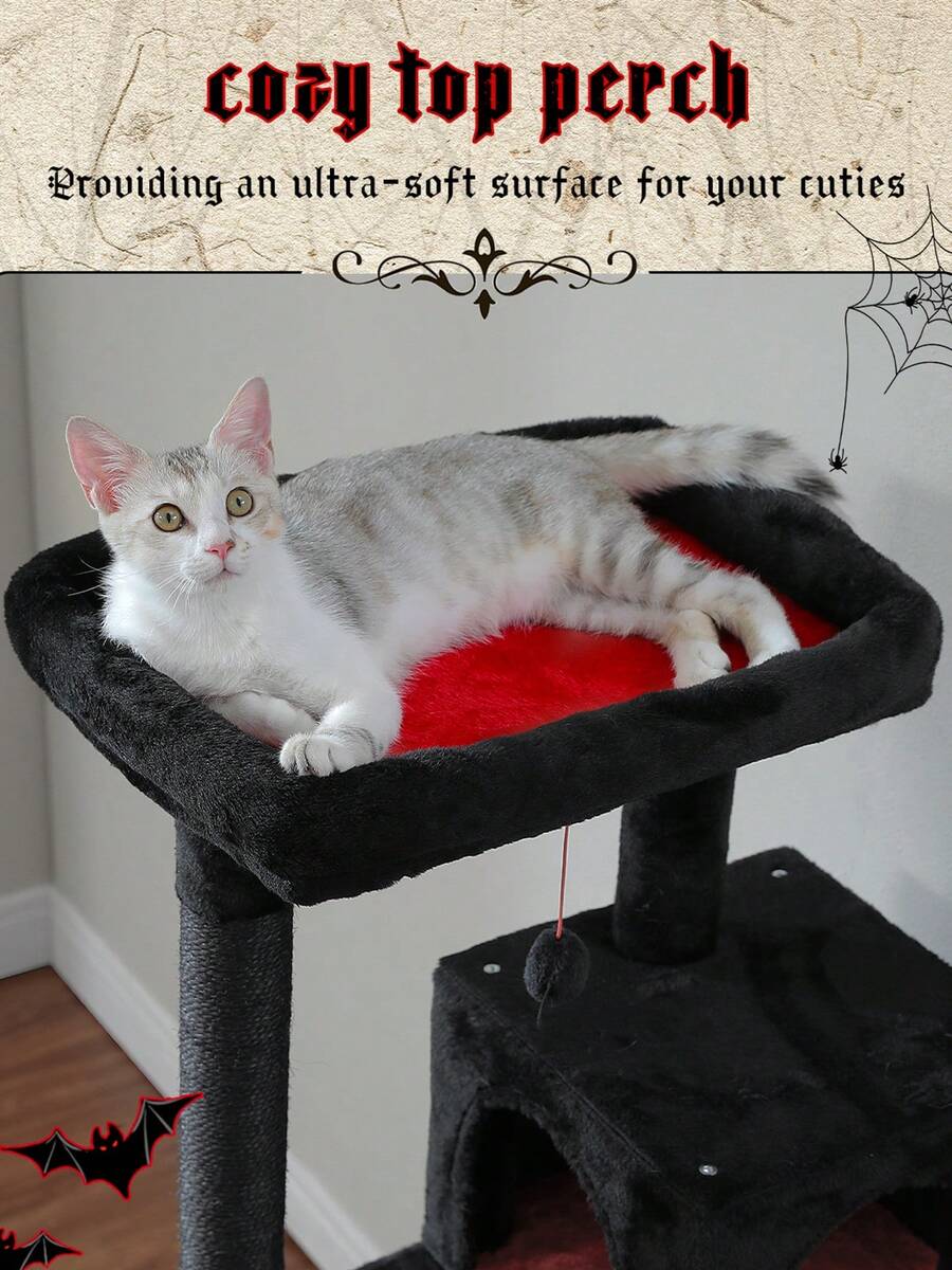 Red 56.3-inch tall multi-level cat tree tower for indoor cats featuring a cozy plush top perch, spacious cat condo, large hanging hammock, and natural sisal scratching posts.
