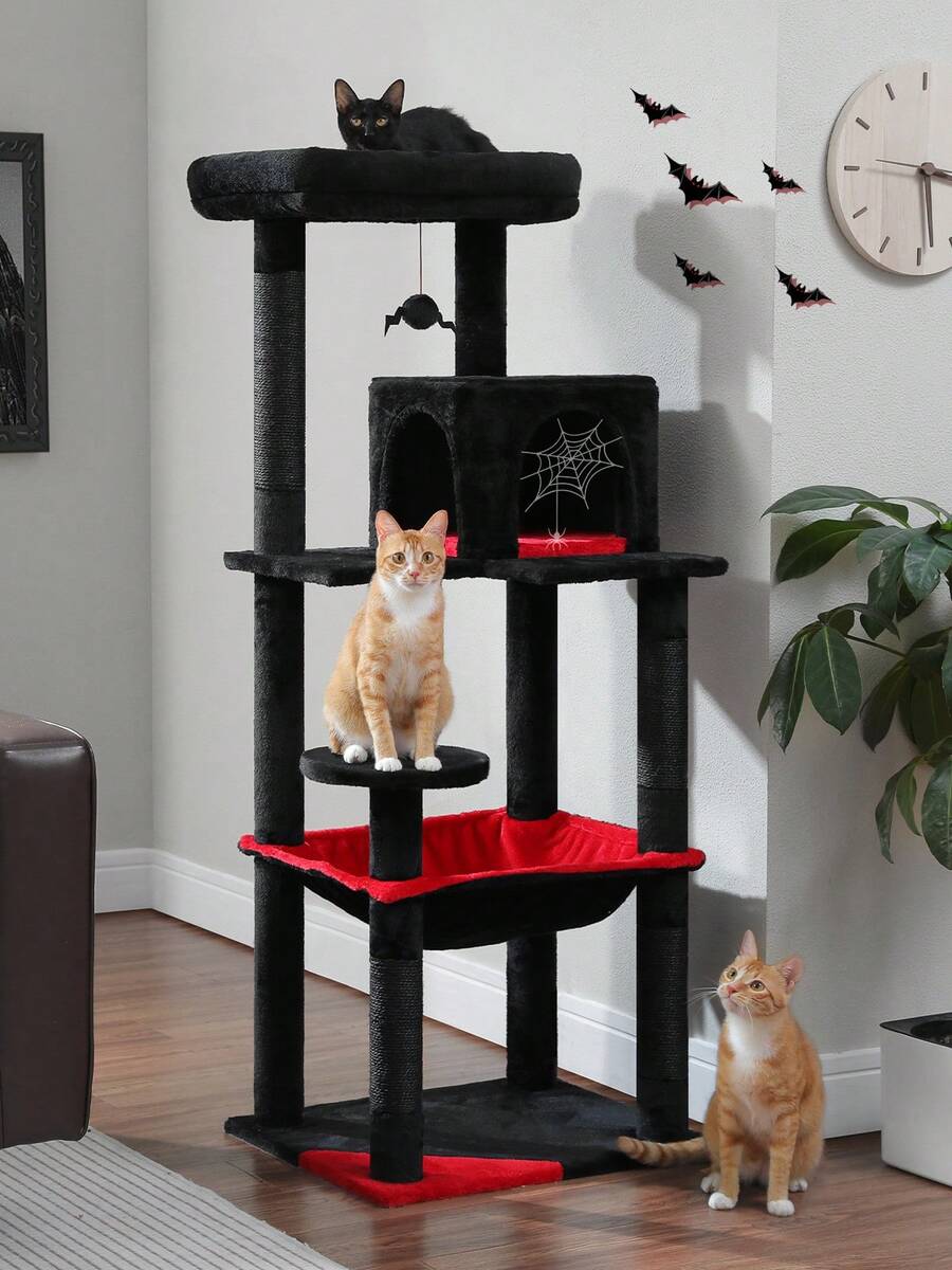 Red 56.3-inch tall multi-level cat tree tower for indoor cats featuring a cozy plush top perch, spacious cat condo, large hanging hammock, and natural sisal scratching posts.