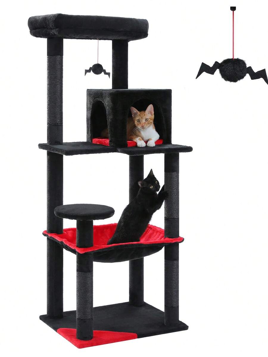 Red 56.3-inch tall multi-level cat tree tower for indoor cats featuring a cozy plush top perch, spacious cat condo, large hanging hammock, and natural sisal scratching posts.