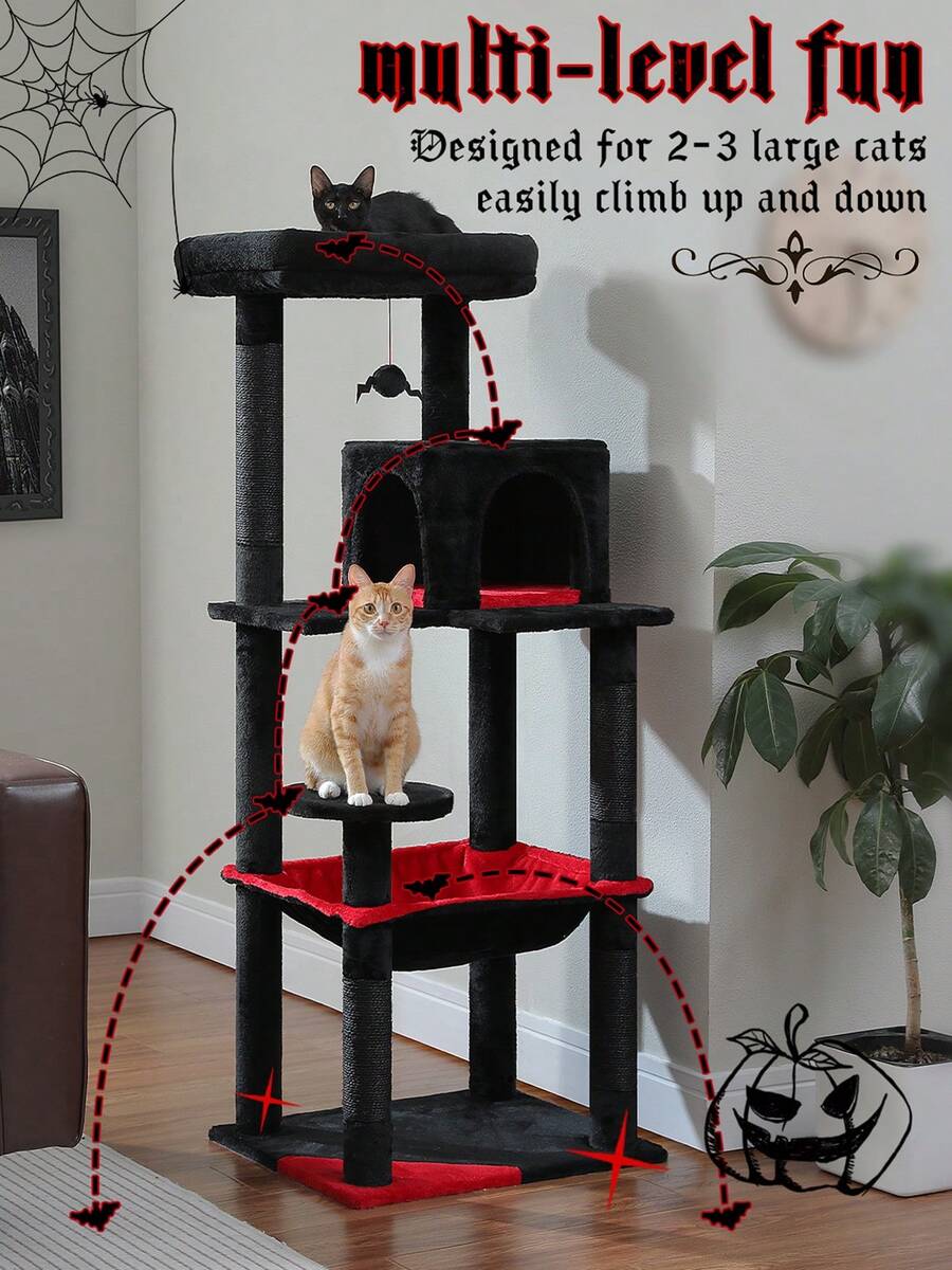 Red 56.3-inch tall multi-level cat tree tower for indoor cats featuring a cozy plush top perch, spacious cat condo, large hanging hammock, and natural sisal scratching posts.