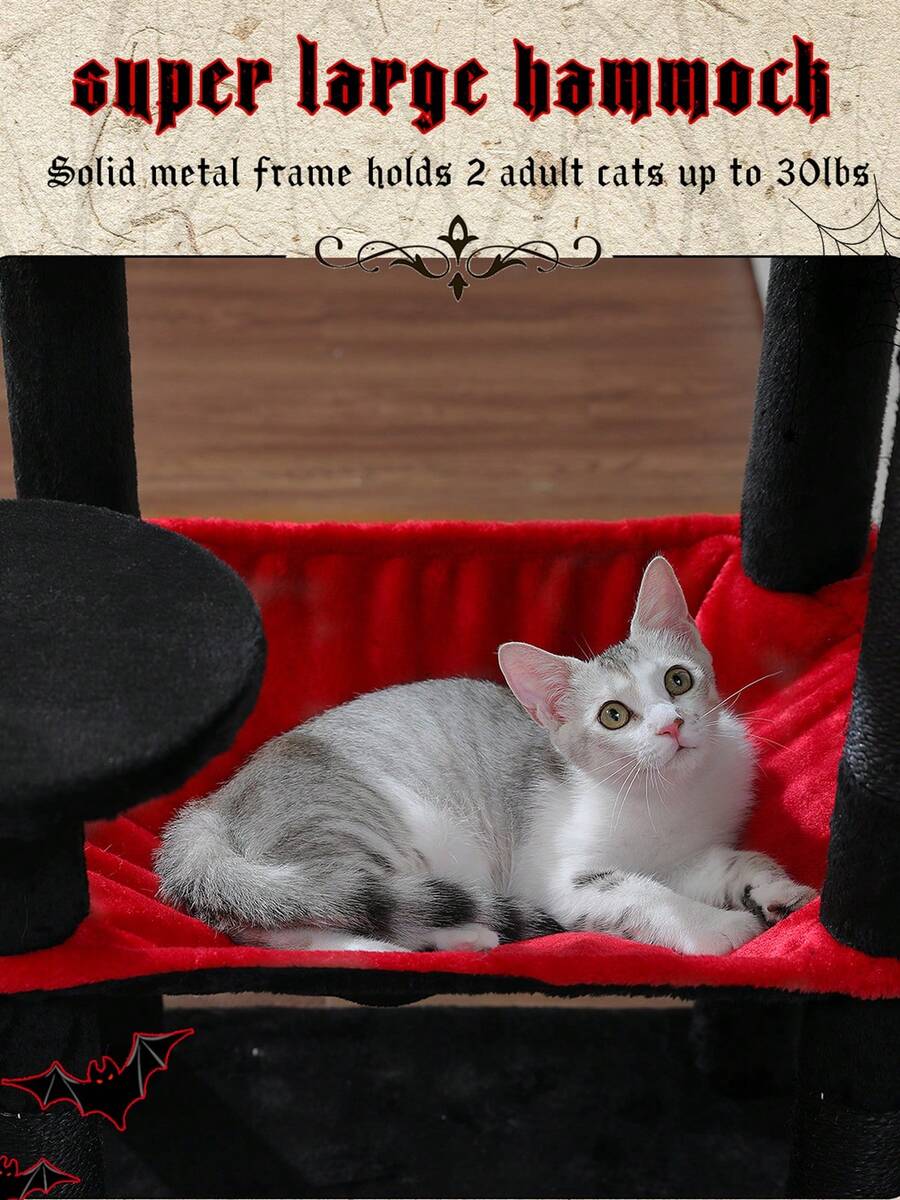 Red 56.3-inch tall multi-level cat tree tower for indoor cats featuring a cozy plush top perch, spacious cat condo, large hanging hammock, and natural sisal scratching posts.
