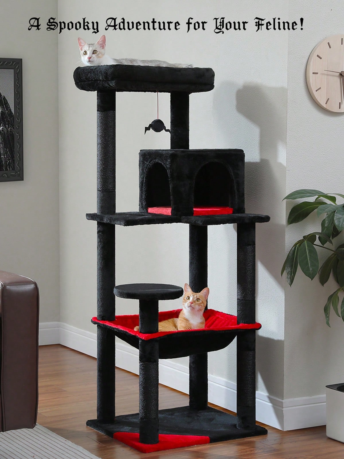 Red 56.3-inch tall multi-level cat tree tower for indoor cats featuring a cozy plush top perch, spacious cat condo, large hanging hammock, and natural sisal scratching posts.