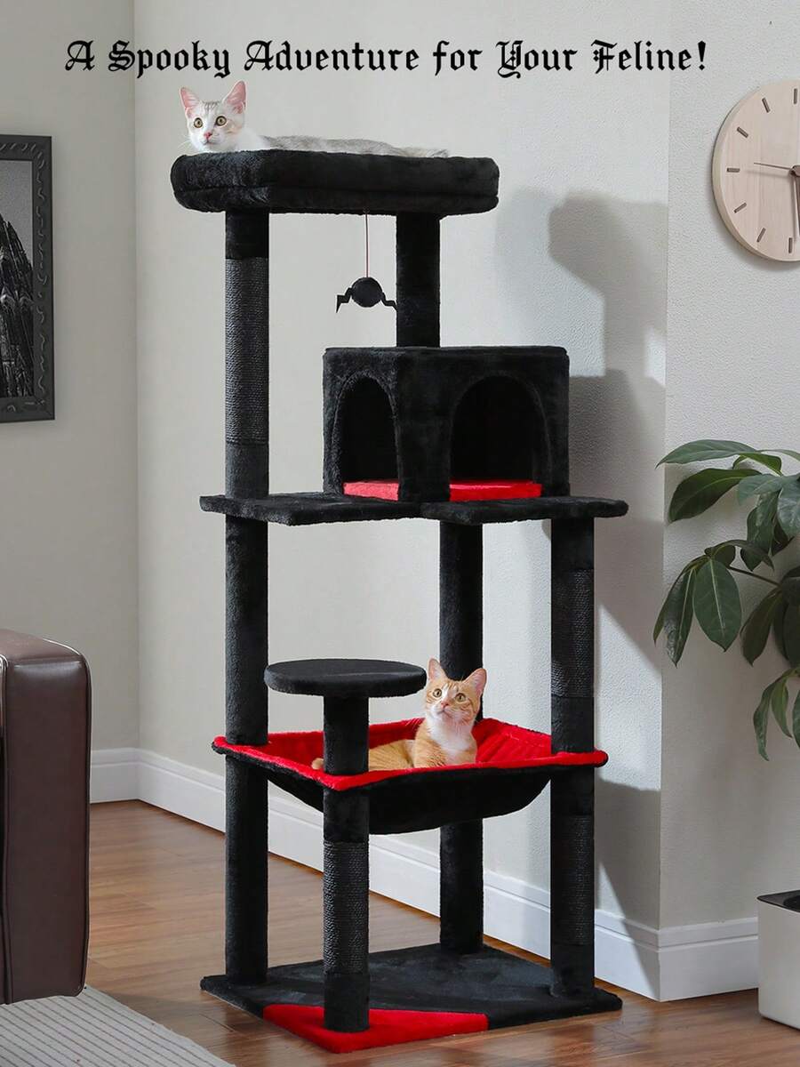Red 56.3-inch tall multi-level cat tree tower for indoor cats featuring a cozy plush top perch, spacious cat condo, large hanging hammock, and natural sisal scratching posts.