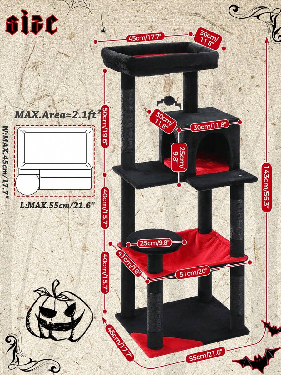 Red 56.3-inch tall multi-level cat tree tower for indoor cats featuring a cozy plush top perch, spacious cat condo, large hanging hammock, and natural sisal scratching posts.