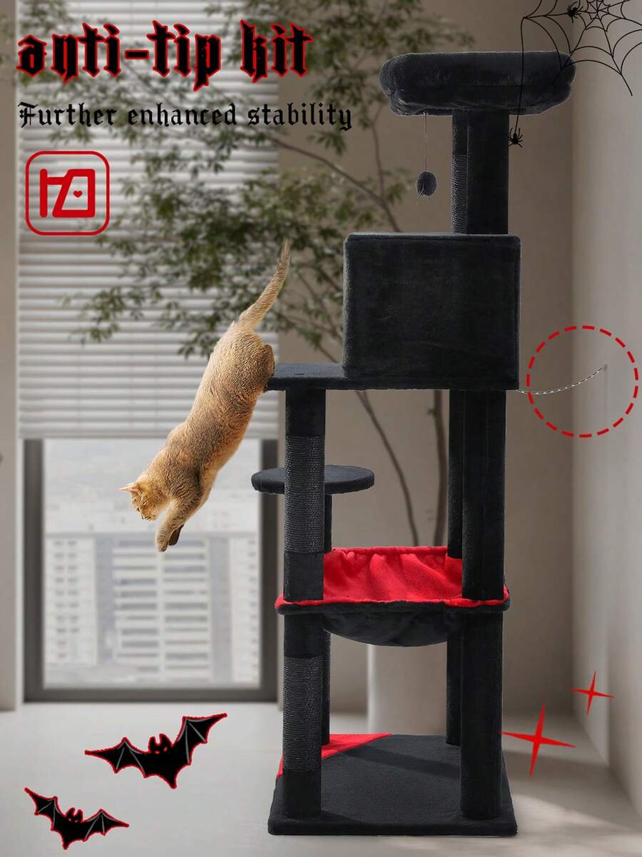 Red 56.3-inch tall multi-level cat tree tower for indoor cats featuring a cozy plush top perch, spacious cat condo, large hanging hammock, and natural sisal scratching posts.