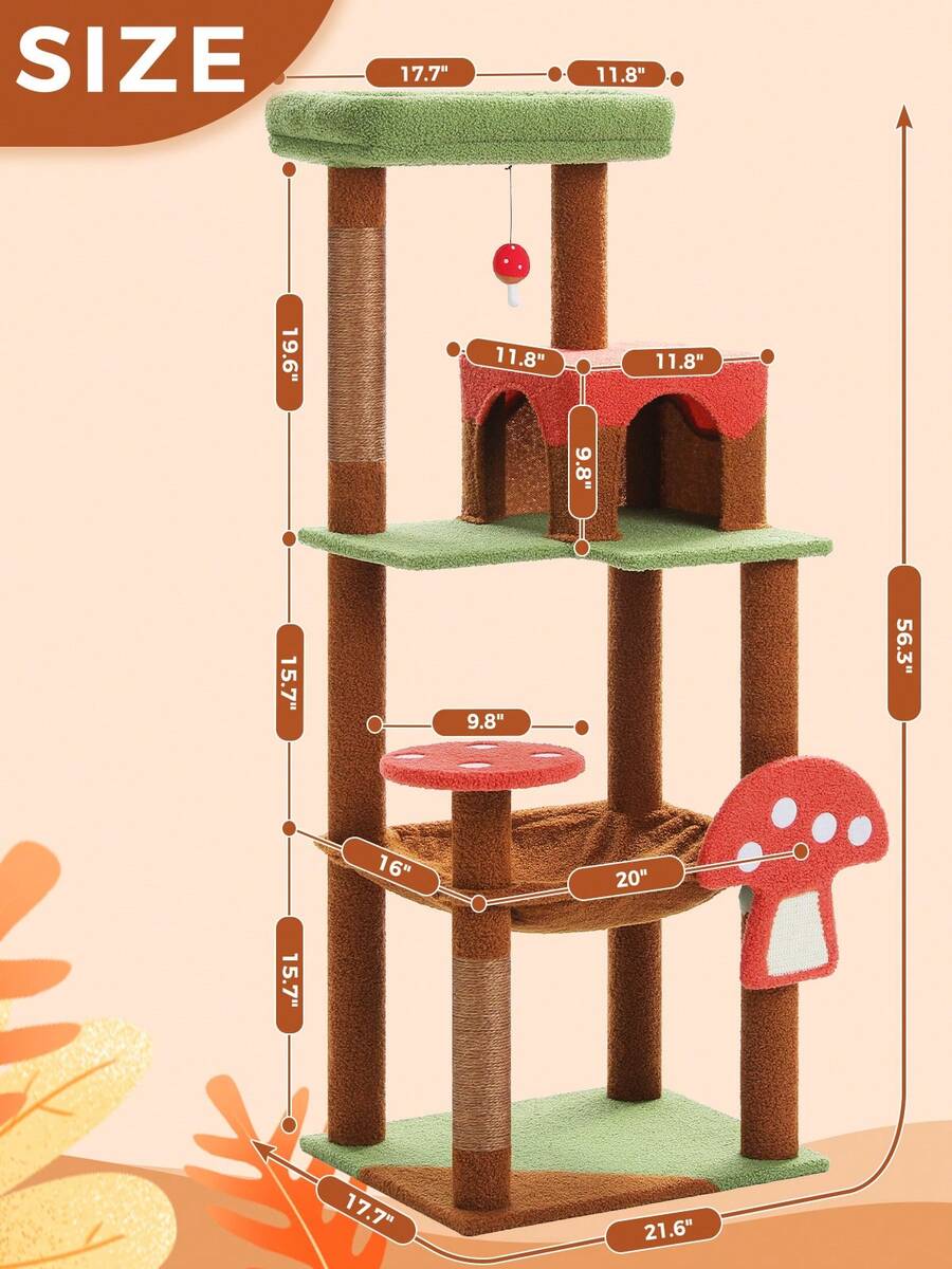Red 56.3-inch tall multi-level cat tree tower for indoor cats featuring a cozy plush top perch, spacious cat condo, large hanging hammock, and natural sisal scratching posts.