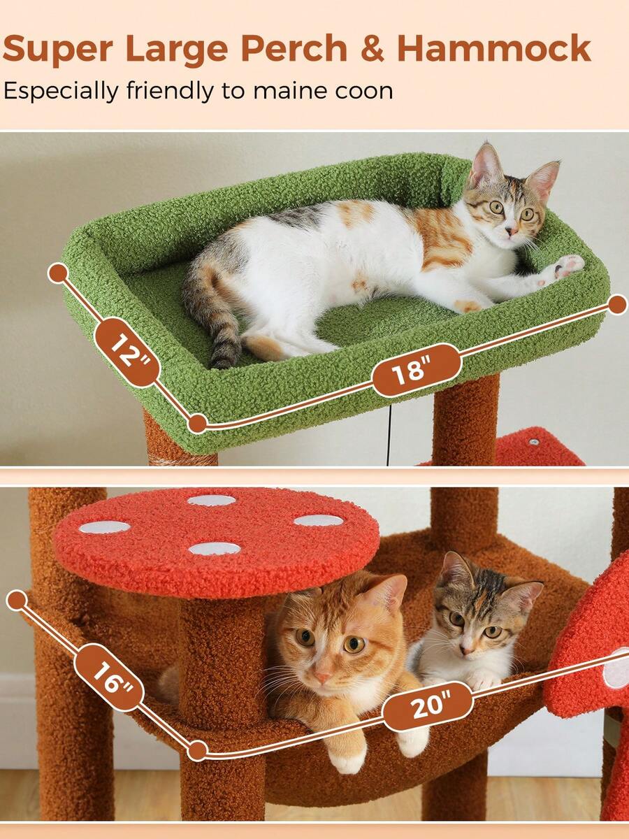 Red 56.3-inch tall multi-level cat tree tower for indoor cats featuring a cozy plush top perch, spacious cat condo, large hanging hammock, and natural sisal scratching posts.