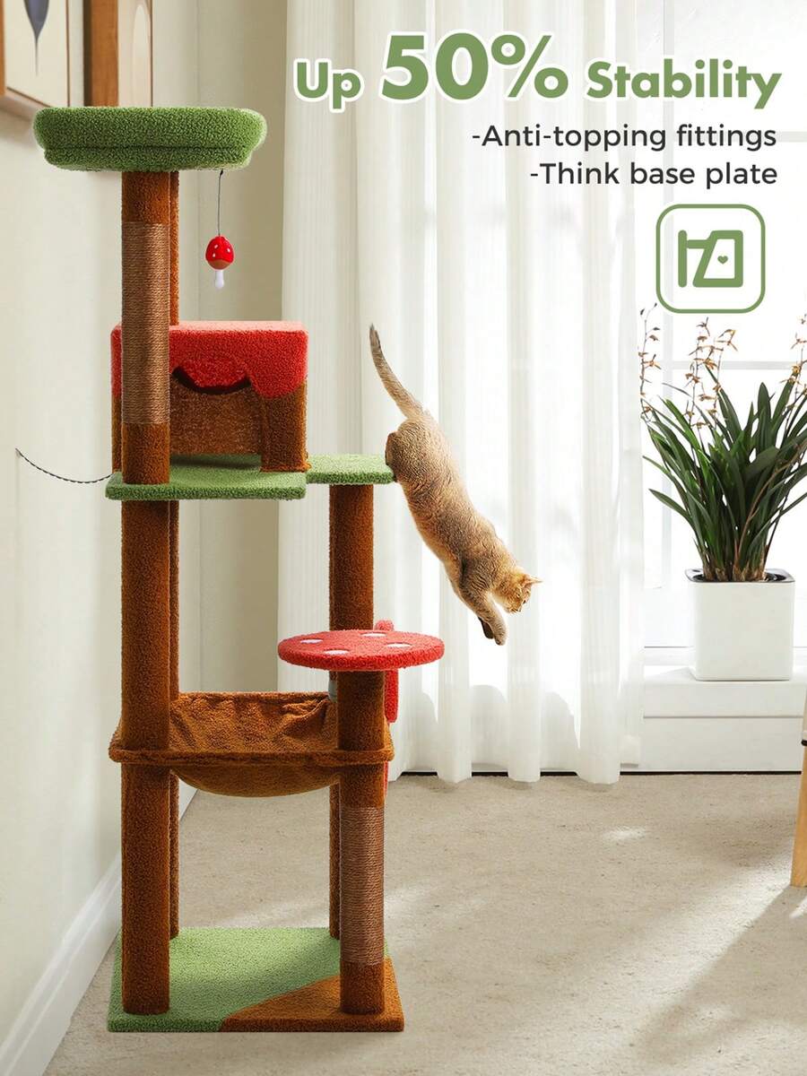 Red 56.3-inch tall multi-level cat tree tower for indoor cats featuring a cozy plush top perch, spacious cat condo, large hanging hammock, and natural sisal scratching posts.