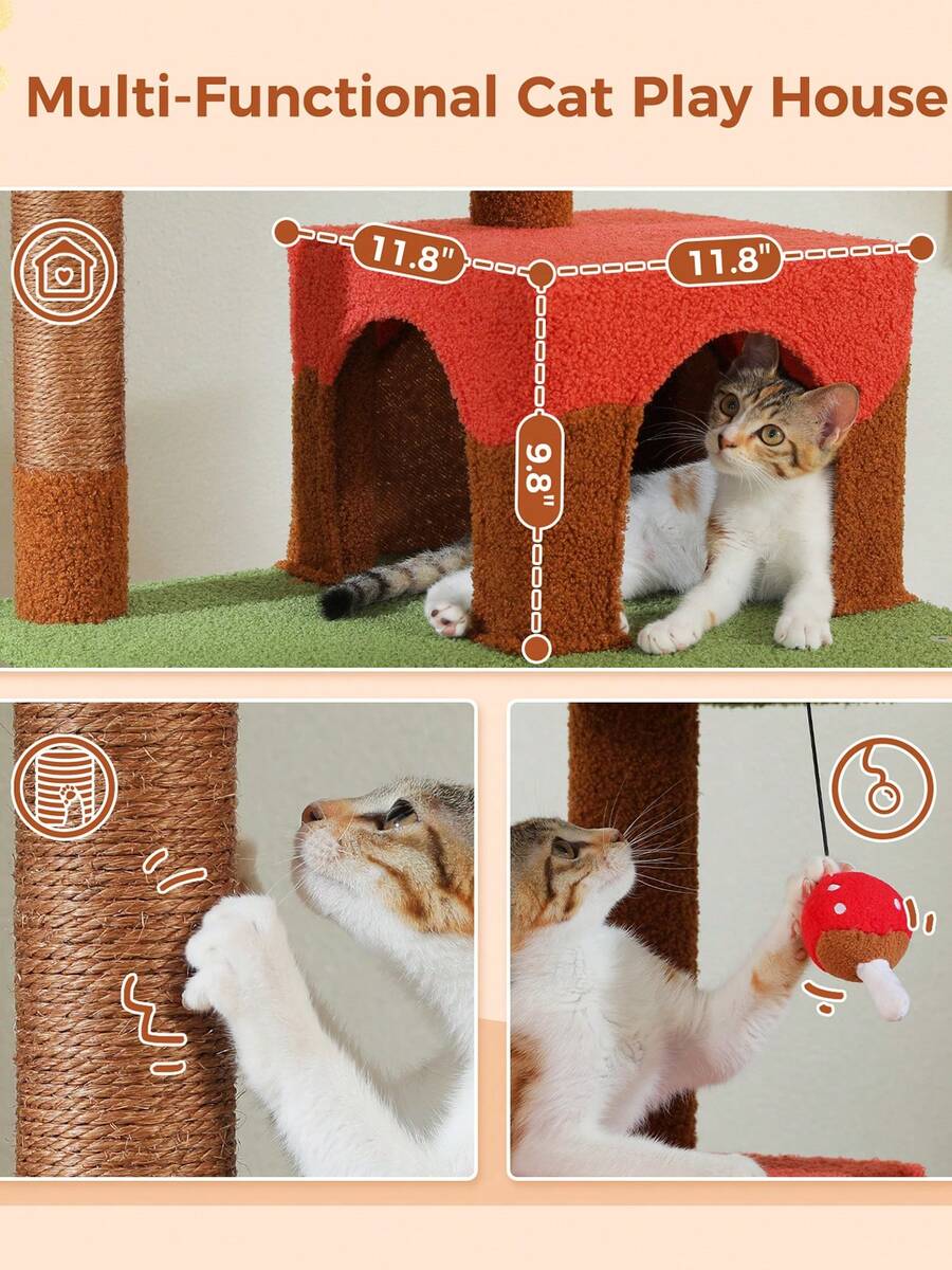 Red 56.3-inch tall multi-level cat tree tower for indoor cats featuring a cozy plush top perch, spacious cat condo, large hanging hammock, and natural sisal scratching posts.
