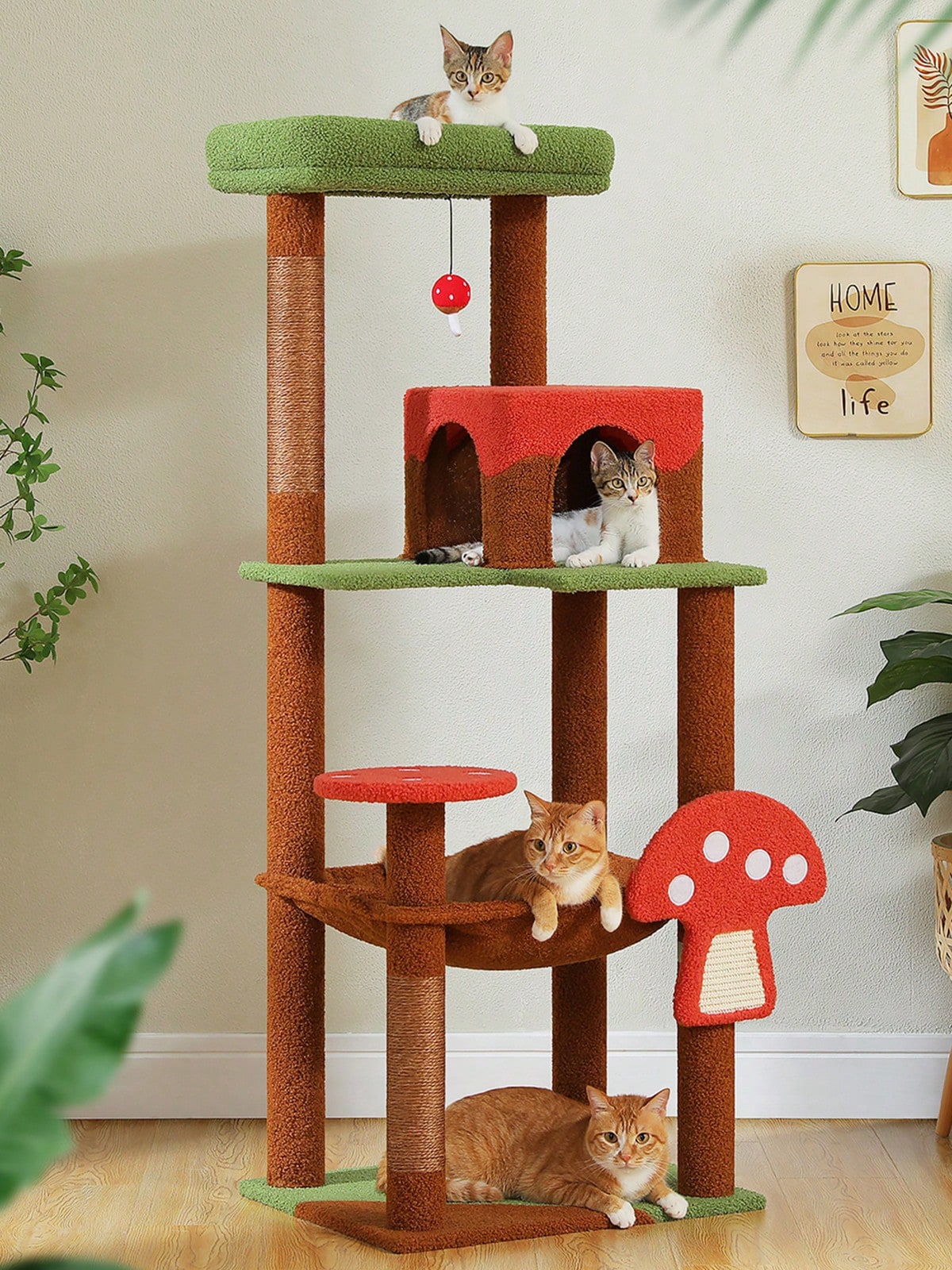 Red 56.3-inch tall multi-level cat tree tower for indoor cats featuring a cozy plush top perch, spacious cat condo, large hanging hammock, and natural sisal scratching posts.