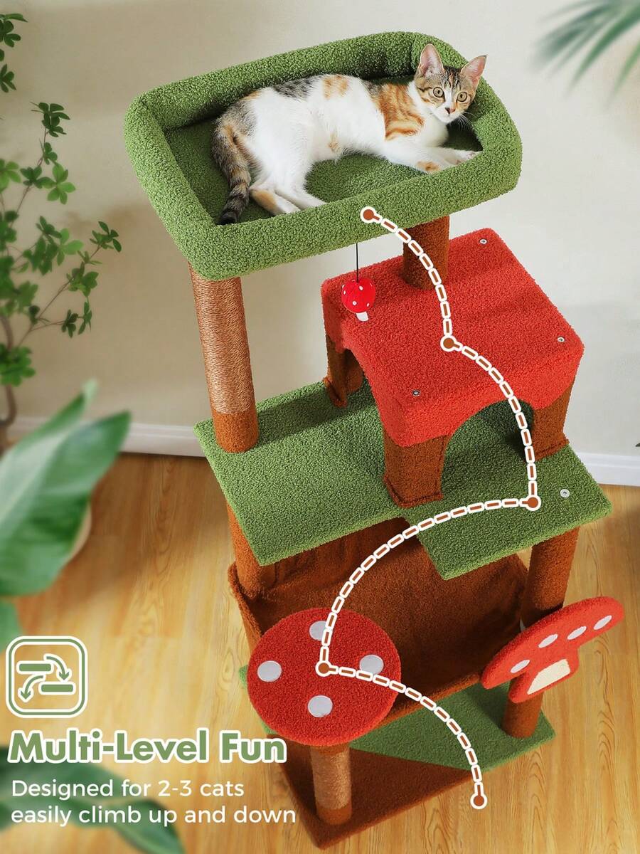 Red 56.3-inch tall multi-level cat tree tower for indoor cats featuring a cozy plush top perch, spacious cat condo, large hanging hammock, and natural sisal scratching posts.