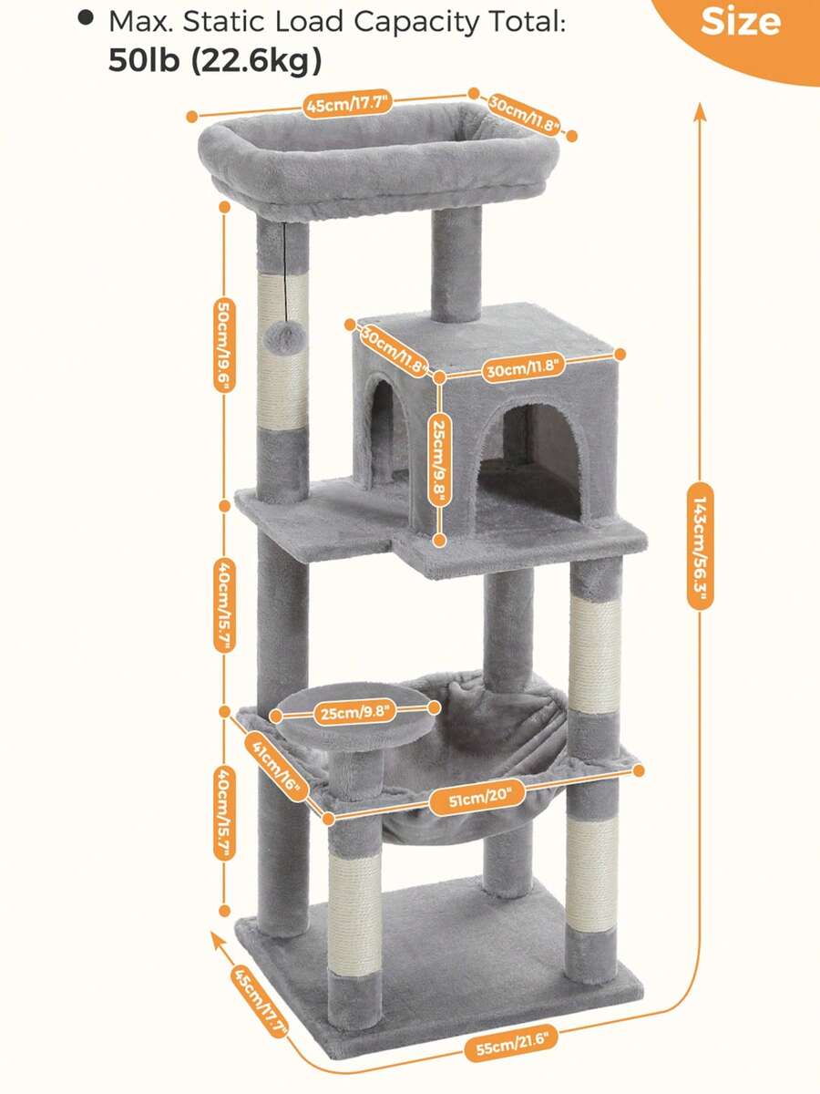 Red 56.3-inch tall multi-level cat tree tower for indoor cats featuring a cozy plush top perch, spacious cat condo, large hanging hammock, and natural sisal scratching posts.