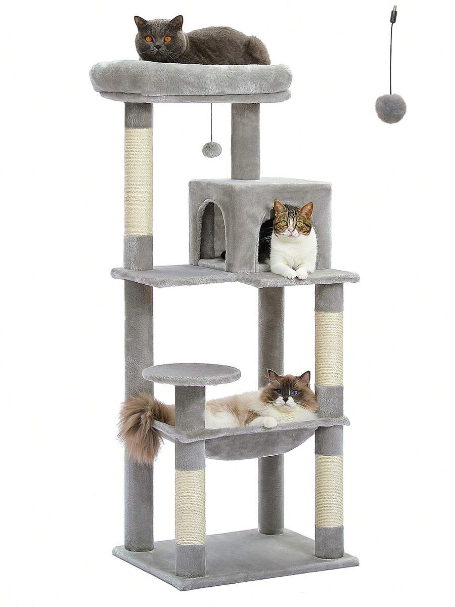 Red 56.3-inch tall multi-level cat tree tower for indoor cats featuring a cozy plush top perch, spacious cat condo, large hanging hammock, and natural sisal scratching posts.