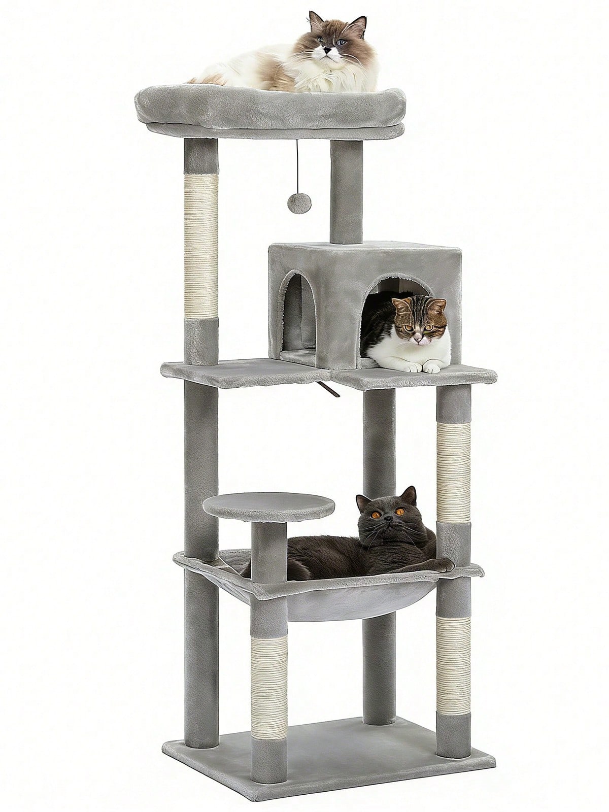 Red 56.3-inch tall multi-level cat tree tower for indoor cats featuring a cozy plush top perch, spacious cat condo, large hanging hammock, and natural sisal scratching posts.