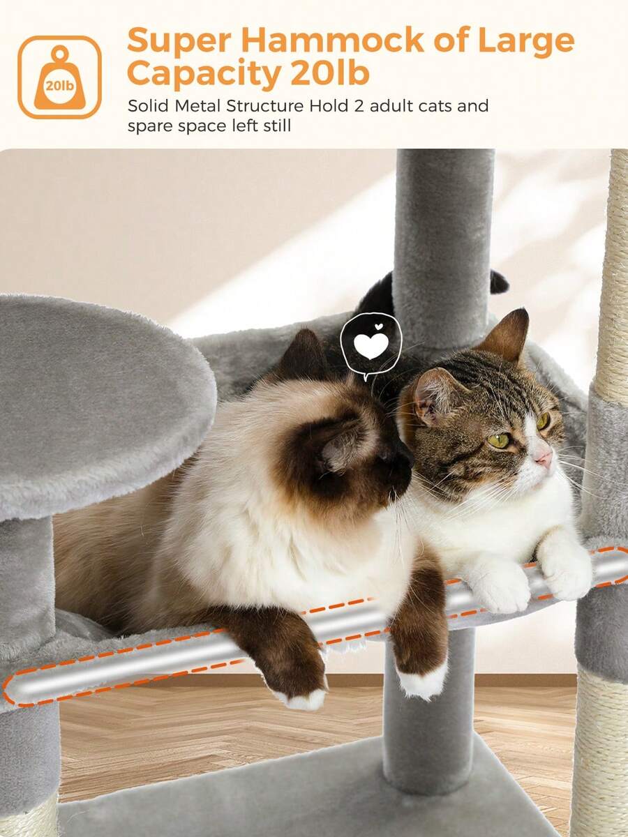 Red 56.3-inch tall multi-level cat tree tower for indoor cats featuring a cozy plush top perch, spacious cat condo, large hanging hammock, and natural sisal scratching posts.