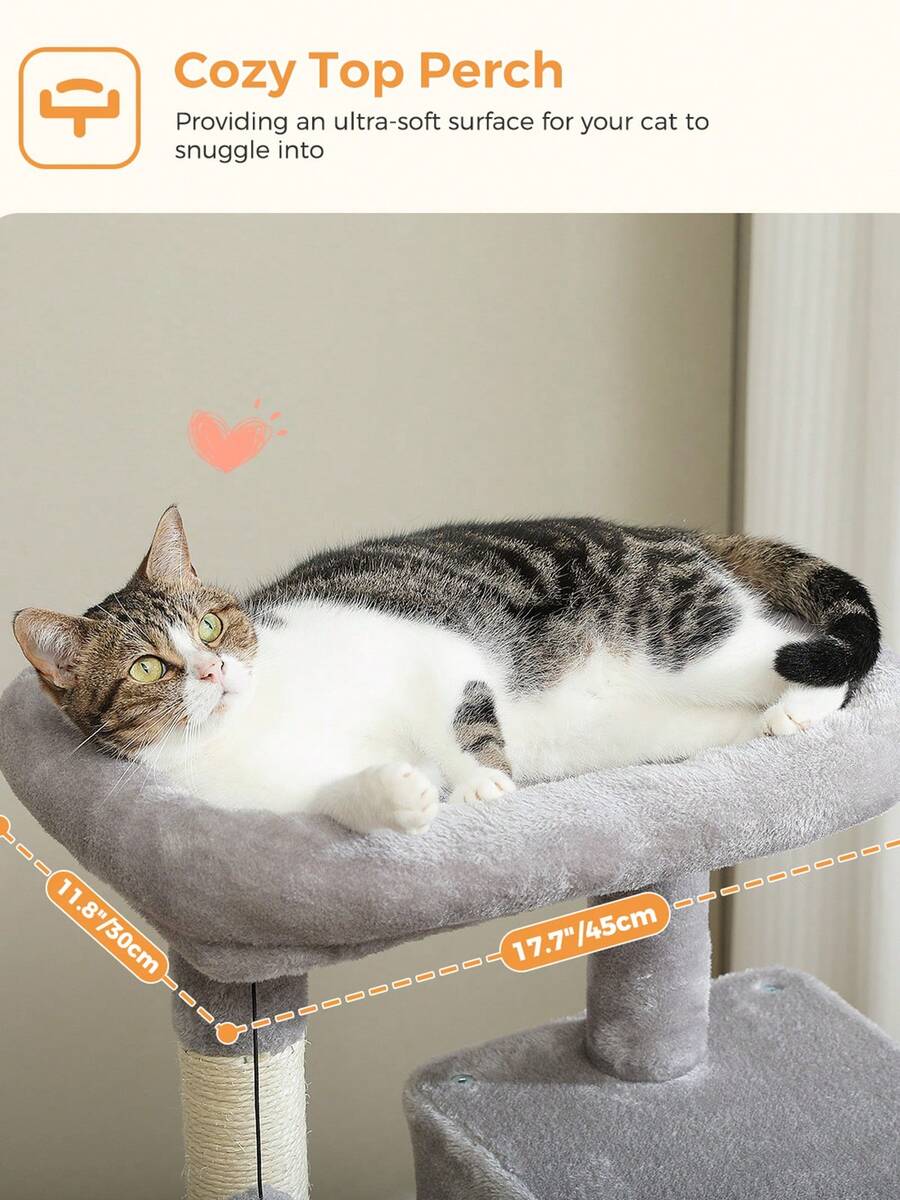 Red 56.3-inch tall multi-level cat tree tower for indoor cats featuring a cozy plush top perch, spacious cat condo, large hanging hammock, and natural sisal scratching posts.