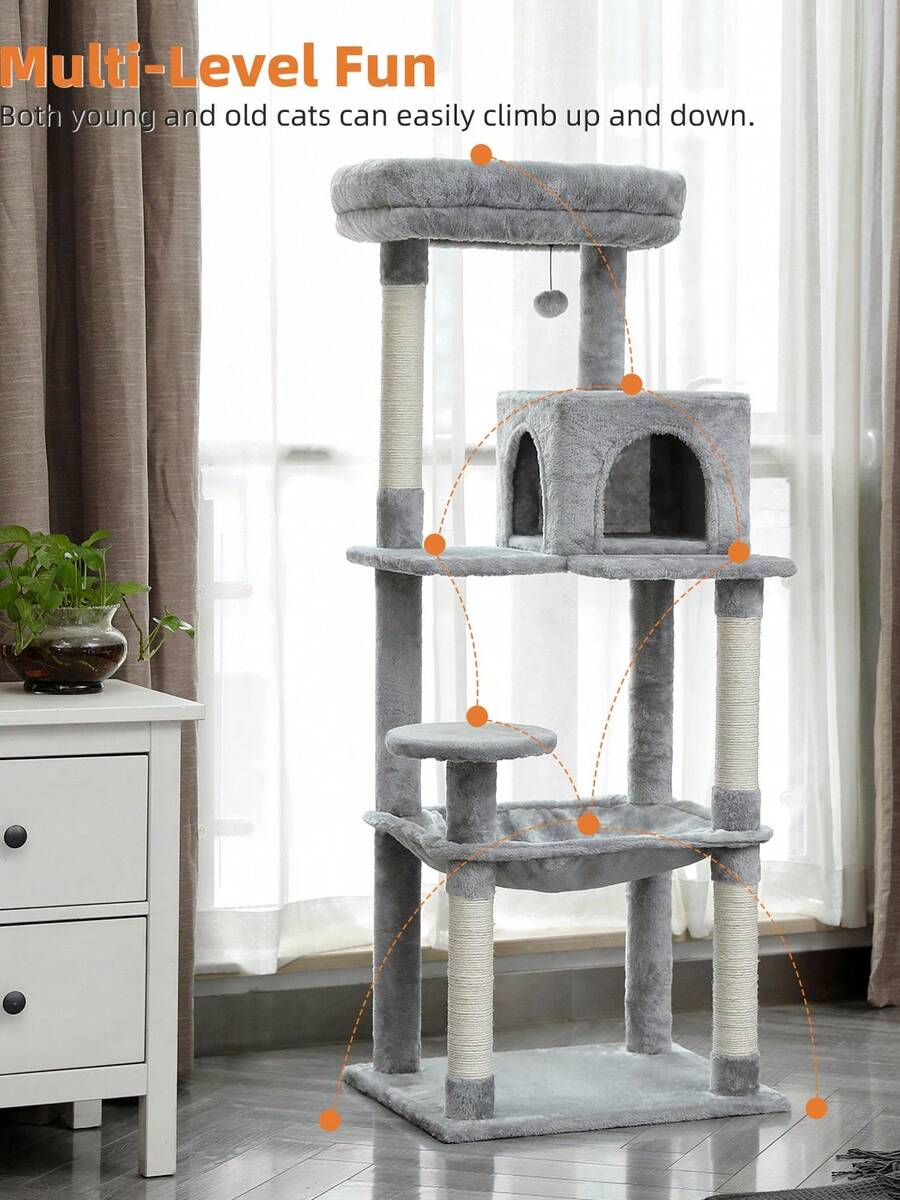 Red 56.3-inch tall multi-level cat tree tower for indoor cats featuring a cozy plush top perch, spacious cat condo, large hanging hammock, and natural sisal scratching posts.