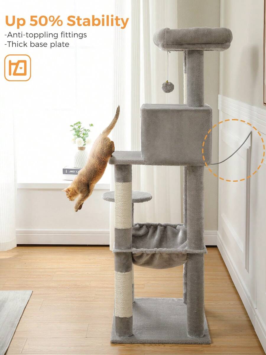 Red 56.3-inch tall multi-level cat tree tower for indoor cats featuring a cozy plush top perch, spacious cat condo, large hanging hammock, and natural sisal scratching posts.