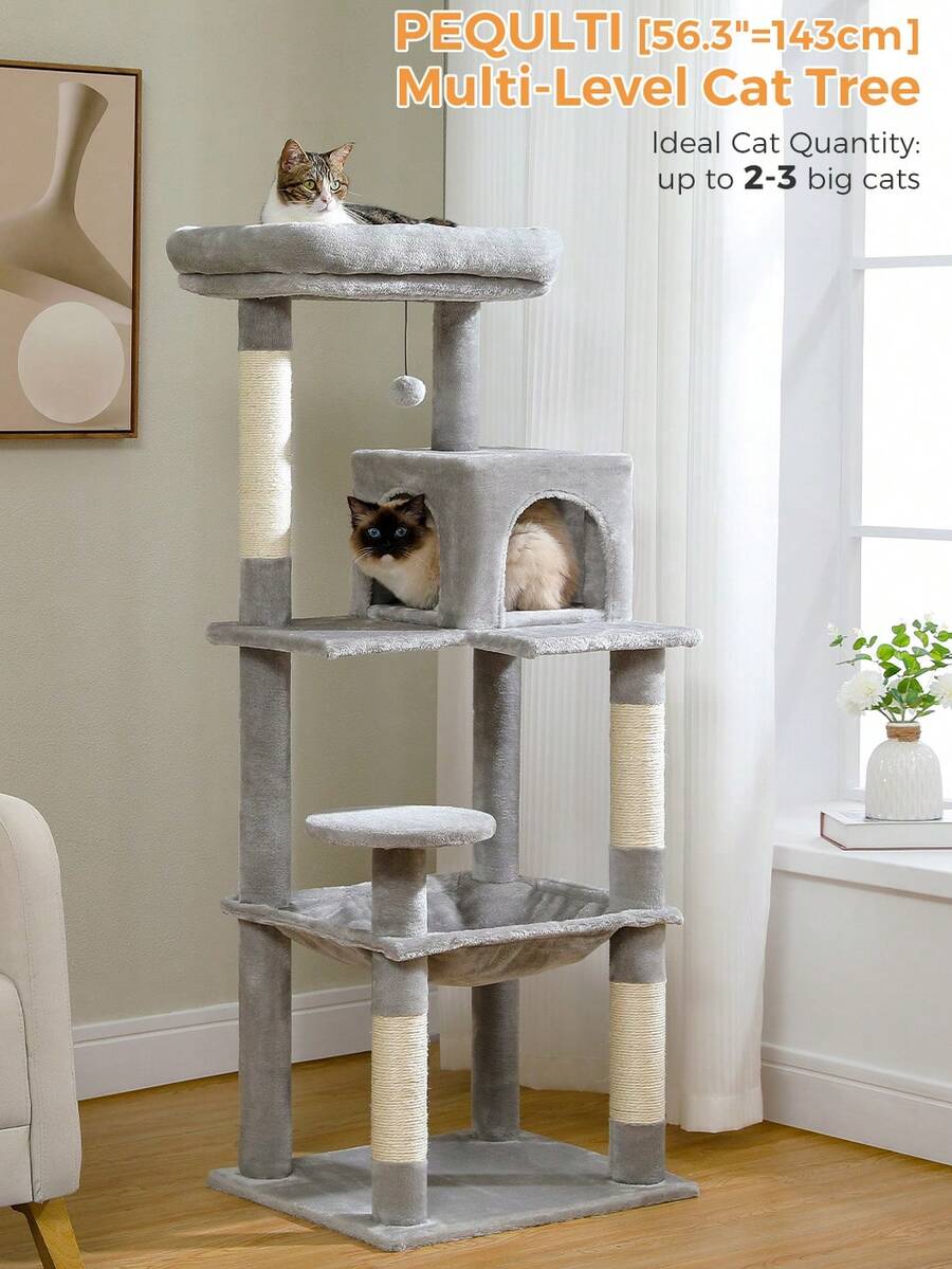 Red 56.3-inch tall multi-level cat tree tower for indoor cats featuring a cozy plush top perch, spacious cat condo, large hanging hammock, and natural sisal scratching posts.