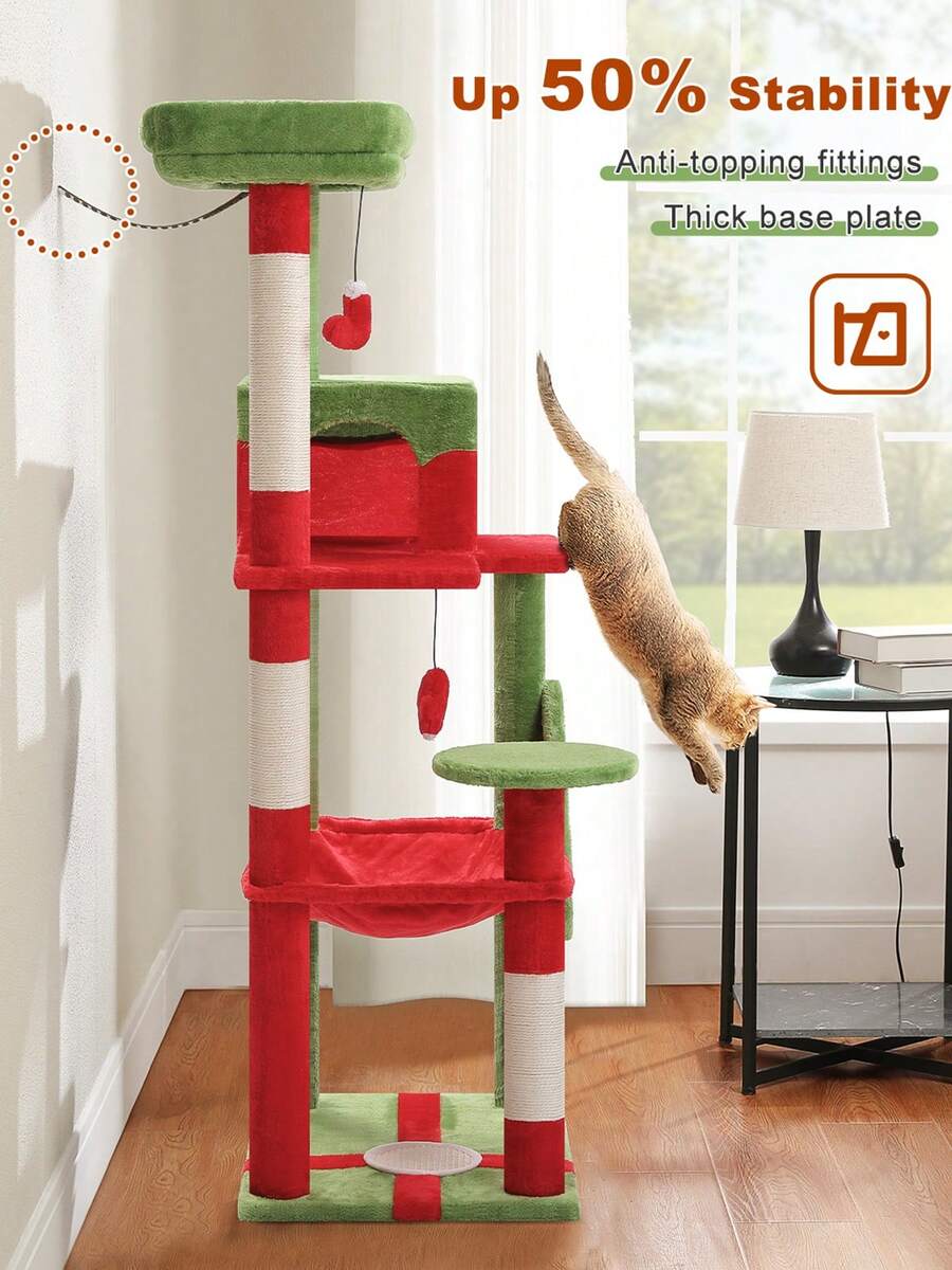 Red 56.3-inch tall multi-level cat tree tower for indoor cats featuring a cozy plush top perch, spacious cat condo, large hanging hammock, and natural sisal scratching posts.