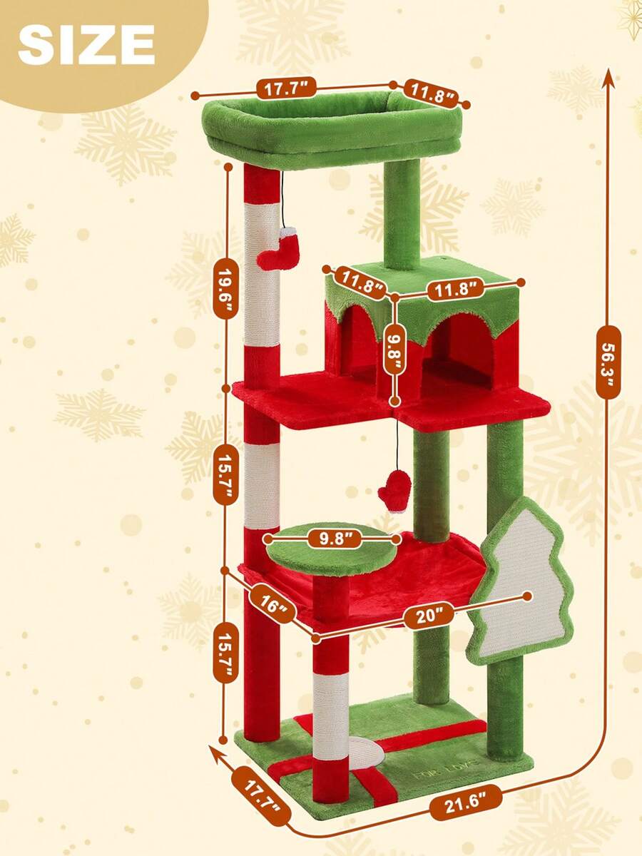 Red 56.3-inch tall multi-level cat tree tower for indoor cats featuring a cozy plush top perch, spacious cat condo, large hanging hammock, and natural sisal scratching posts.