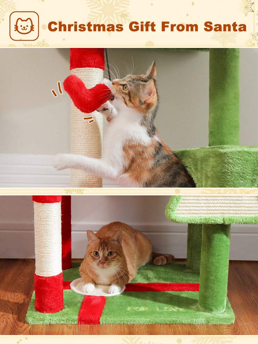 Red 56.3-inch tall multi-level cat tree tower for indoor cats featuring a cozy plush top perch, spacious cat condo, large hanging hammock, and natural sisal scratching posts.