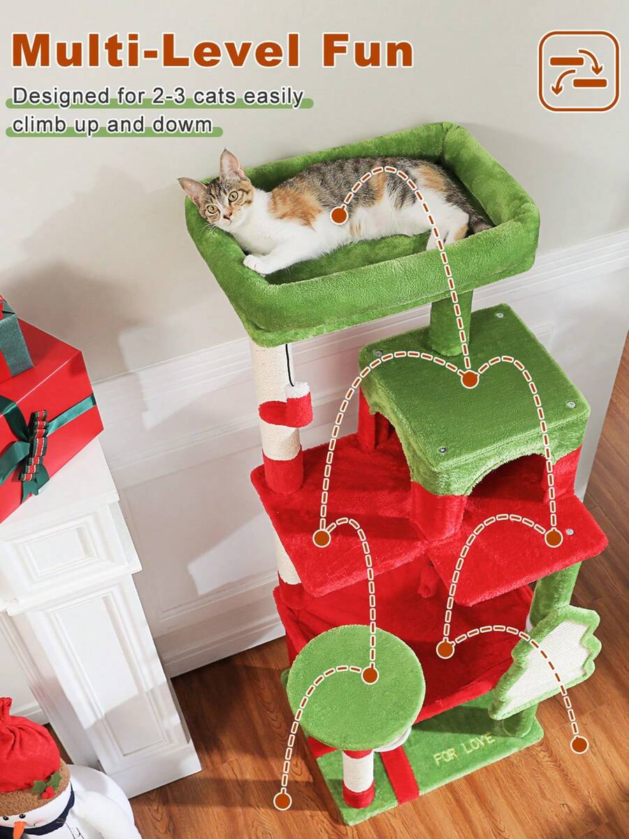Red 56.3-inch tall multi-level cat tree tower for indoor cats featuring a cozy plush top perch, spacious cat condo, large hanging hammock, and natural sisal scratching posts.