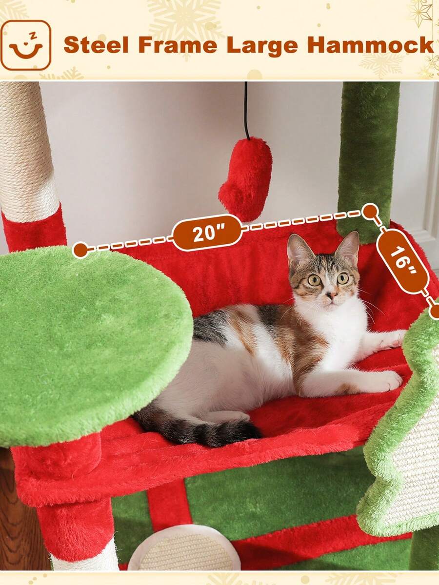 Red 56.3-inch tall multi-level cat tree tower for indoor cats featuring a cozy plush top perch, spacious cat condo, large hanging hammock, and natural sisal scratching posts.