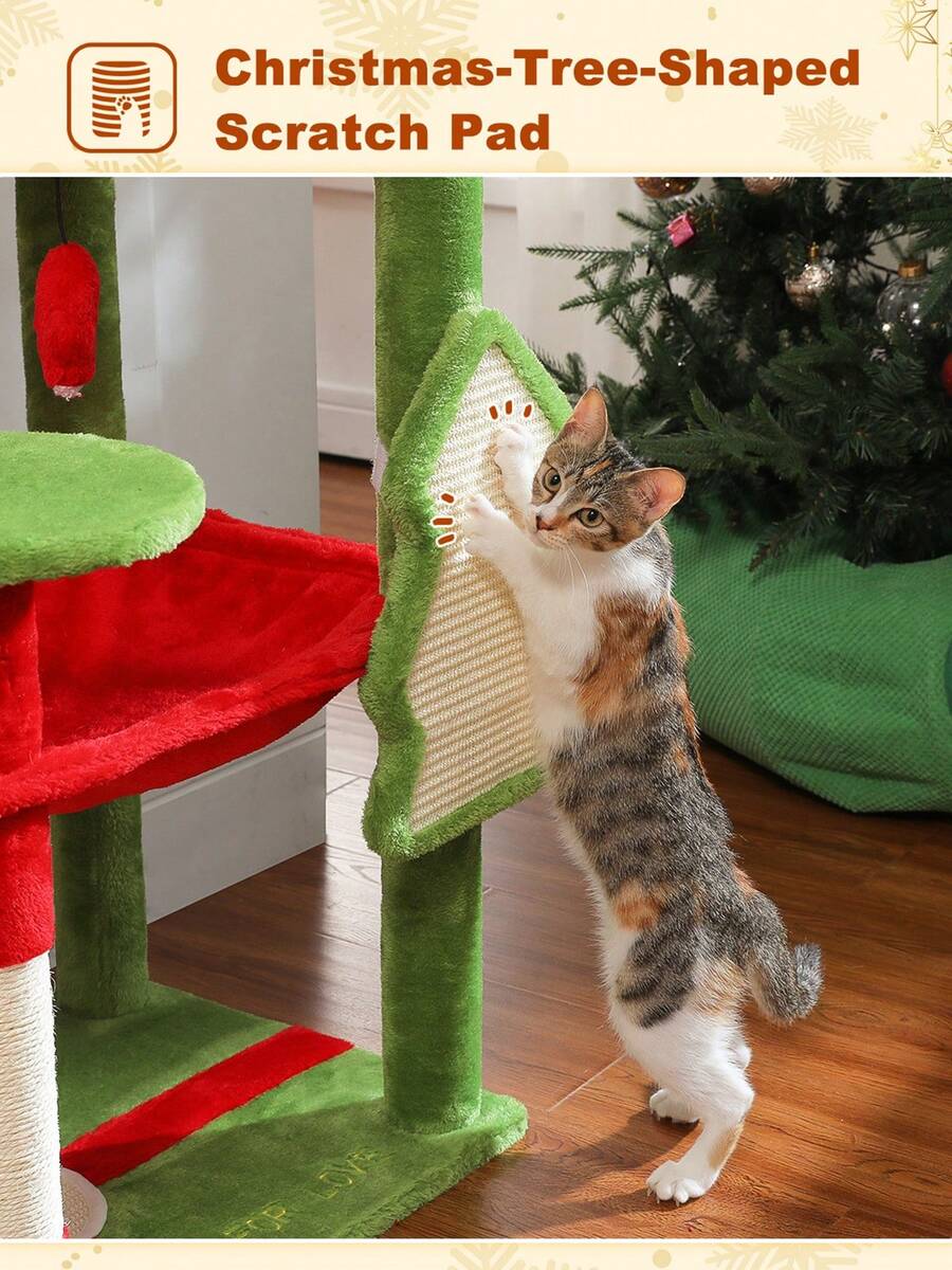 Red 56.3-inch tall multi-level cat tree tower for indoor cats featuring a cozy plush top perch, spacious cat condo, large hanging hammock, and natural sisal scratching posts.