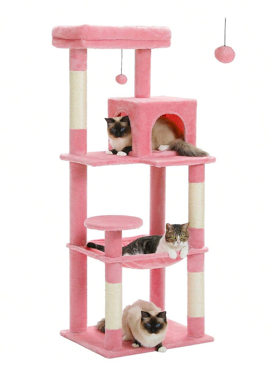 Red 56.3-inch tall multi-level cat tree tower for indoor cats featuring a cozy plush top perch, spacious cat condo, large hanging hammock, and natural sisal scratching posts.