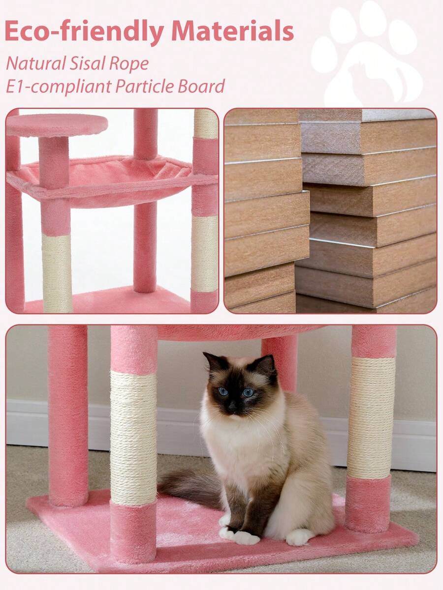 Red 56.3-inch tall multi-level cat tree tower for indoor cats featuring a cozy plush top perch, spacious cat condo, large hanging hammock, and natural sisal scratching posts.