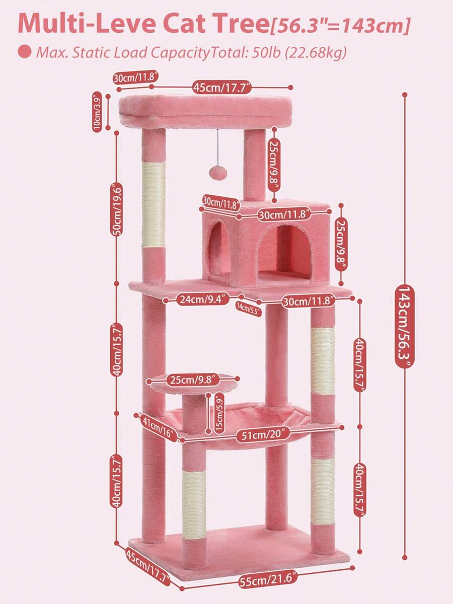 Red 56.3-inch tall multi-level cat tree tower for indoor cats featuring a cozy plush top perch, spacious cat condo, large hanging hammock, and natural sisal scratching posts.
